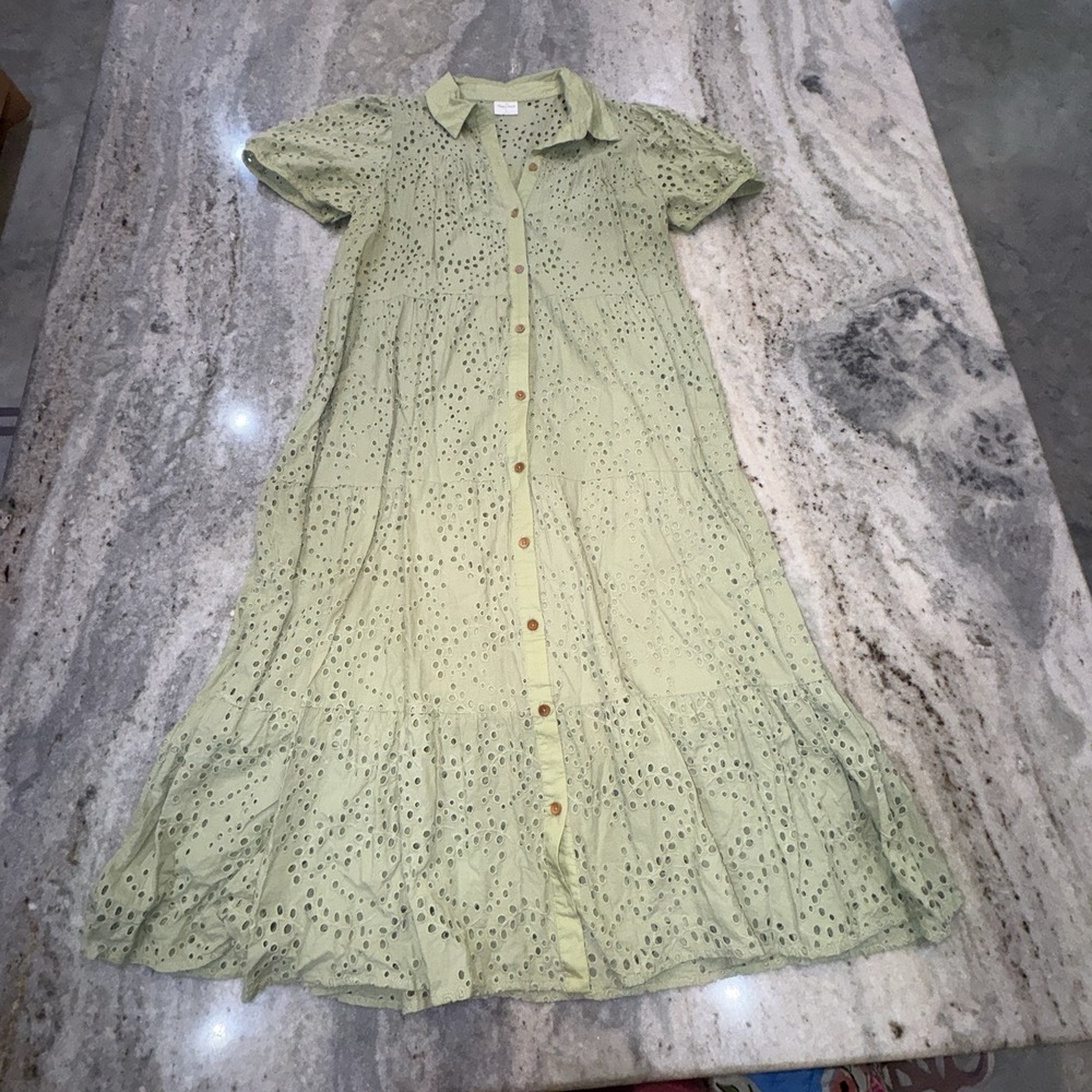 Happy Threads L Green Eyelet Embroidered Midi Dress Button Down Peasant Beach